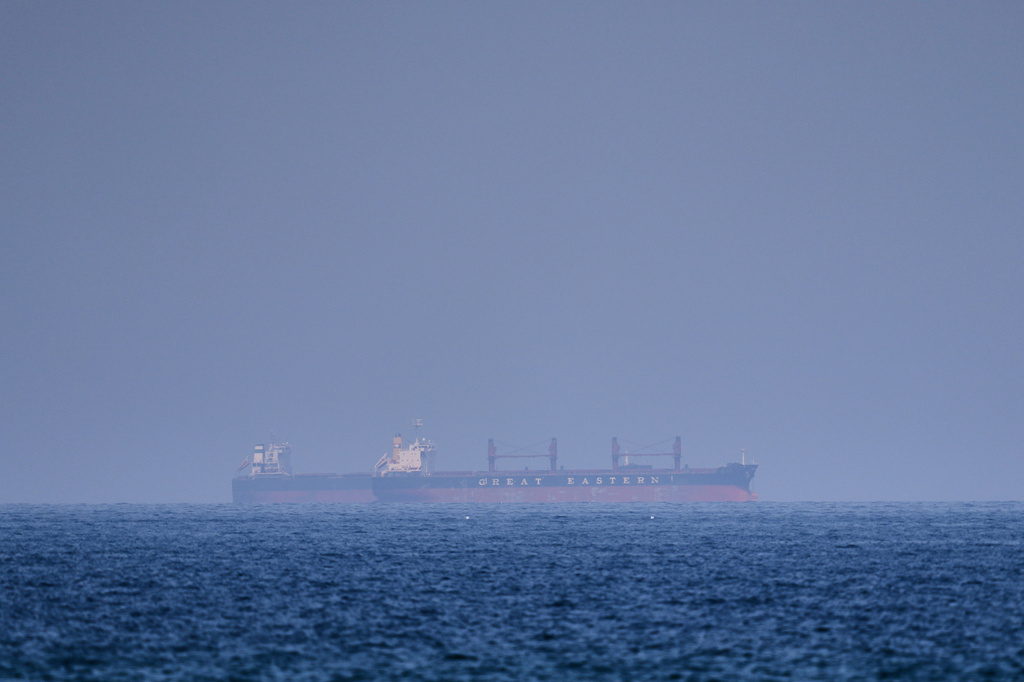 A bulk carrier ship anchored in the Strait of Hormuz, Saturday, April 18, 2026. (AP Photo)