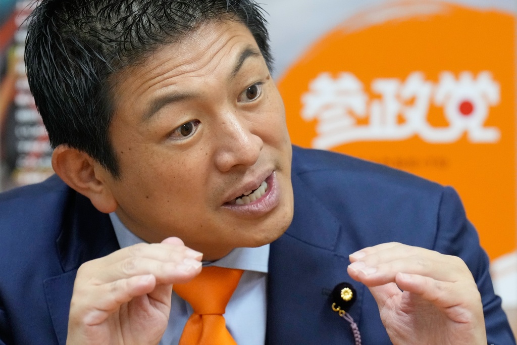 Sohei Kamiya, leader of a surging nationalist party Sanseito, speaks during an interview with the Associated Press at his party's headquarter on Sept. 2, 2025, in Tokyo. (AP Photo/Eugene Hoshiko)