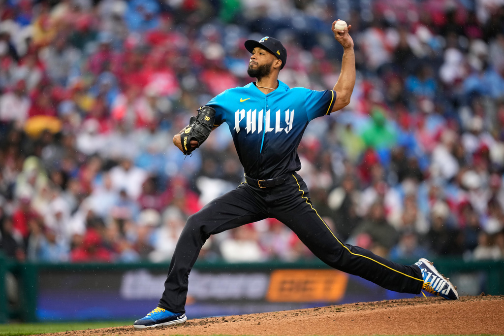 Philadelphia Phillies' Cristopher Sánchez pitches during the third inning of a baseball game against the Cleveland Guardians Friday, May 22, 2026, in Philadelphia. (AP Photo/Matt Slocum)