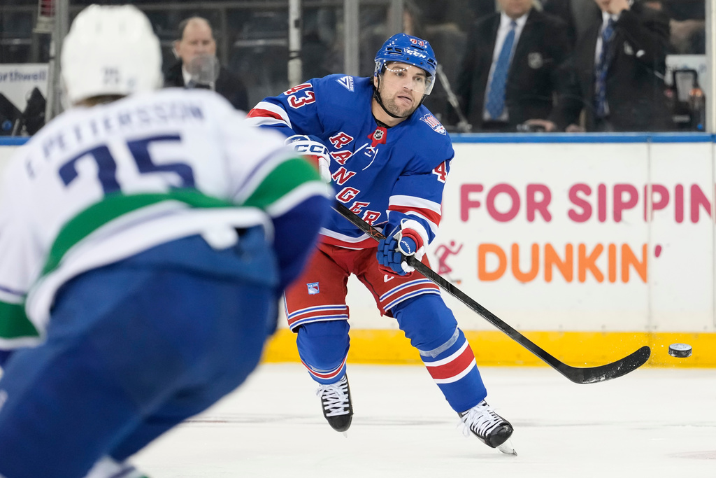 New York Rangers left wing Conor Sheary (43) passes during the first period of an NHL hockey game against Vancouver Canucks, Tuesday, Dec. 16, 2025, in New York. (AP Photo/Yuki Iwamura)
