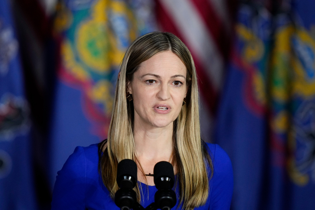 FILE - Scranton Mayor Paige Cognetti speaks during a President Joe Biden campaign event in Scranton, Pa., April 16, 2024. (AP Photo/Matt Rourke, File)