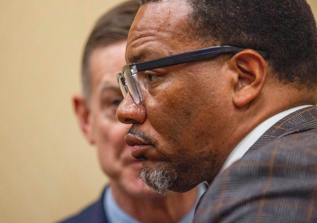 Prosecutor George Lipscomb, center, and attorney and civil rights activist Francys Johnson stand after the fourth question from jurors during deliberation in the murder trial of three former Washington County Sheriff's deputies in connection to the 2017 death of Eurie Martin on Thursday, Nov. 20, 2025 in Sandersville, Ga. (Grant Blankenship/Georgia Public Broadcasting via AP)