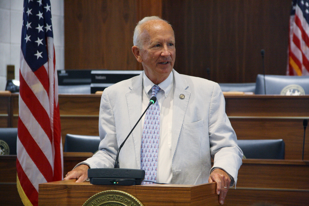FILE - North Carolina Supreme Court Chief Justice Paul Newby addresses the audience at the North Carolina Medal of Valor Ceremony at the Legislative Building, in Raleigh, N.C., July 10, 2024. (AP Photo/Makiya Seminera, File)