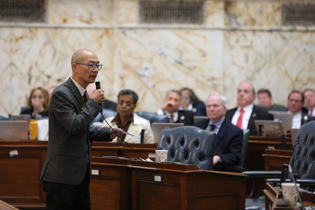 Maryland House majority leader Del. David Moon, a Democrat, speaks during a debate in support of a new congressional map on Monday, Feb. 2, 2026, in Annapolis, Md. (AP Photo/Brian Witte)