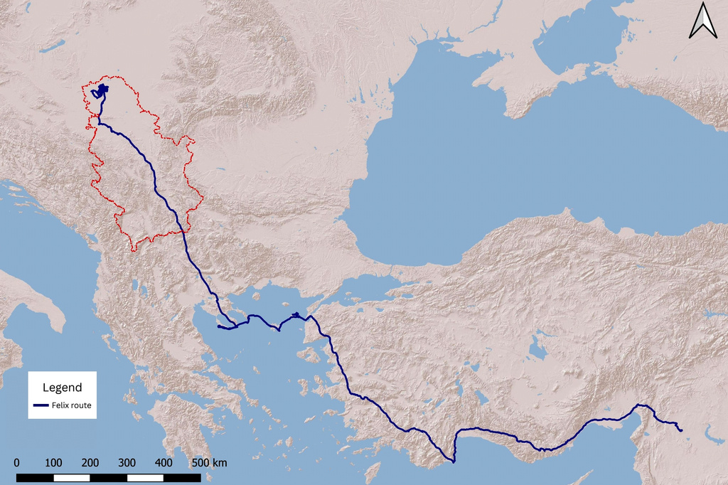 This graphic, made available by Bird Protection and Study Society of Serbia shows a map of the flight route of Feliks, an Eastern imperial eagle which flew from Serbia across North Macedonia, Greece, Turkey and Syria, where he fell victim to traffickers. (AP Photo/Bird Protection and Study Society of Serbia)