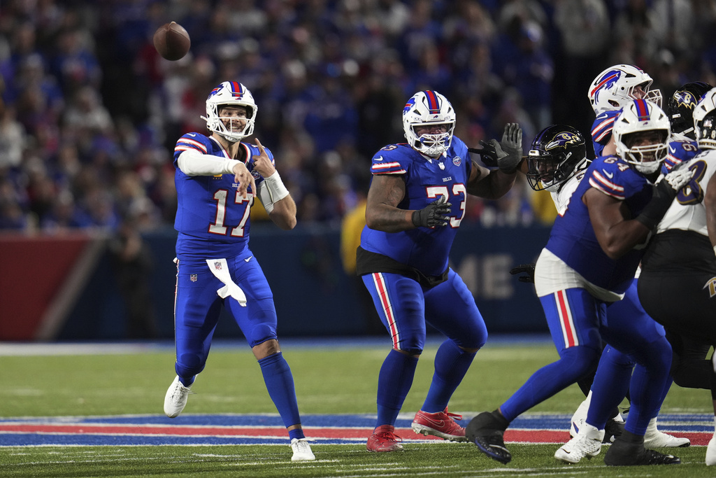 Buffalo Bills quarterback Josh Allen (17) throws against the Baltimore Ravens during the second half of an NFL football game in Orchard Park, N.Y., Sunday, Sept. 7, 2025. (AP Photo/Gene J. Puskar)