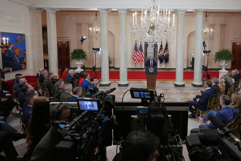 President Donald Trump speaks about the Iran war from the Cross Hall of the White House on Wednesday, April 1, 2026, in Washington. (AP Photo/Alex Brandon, Pool)