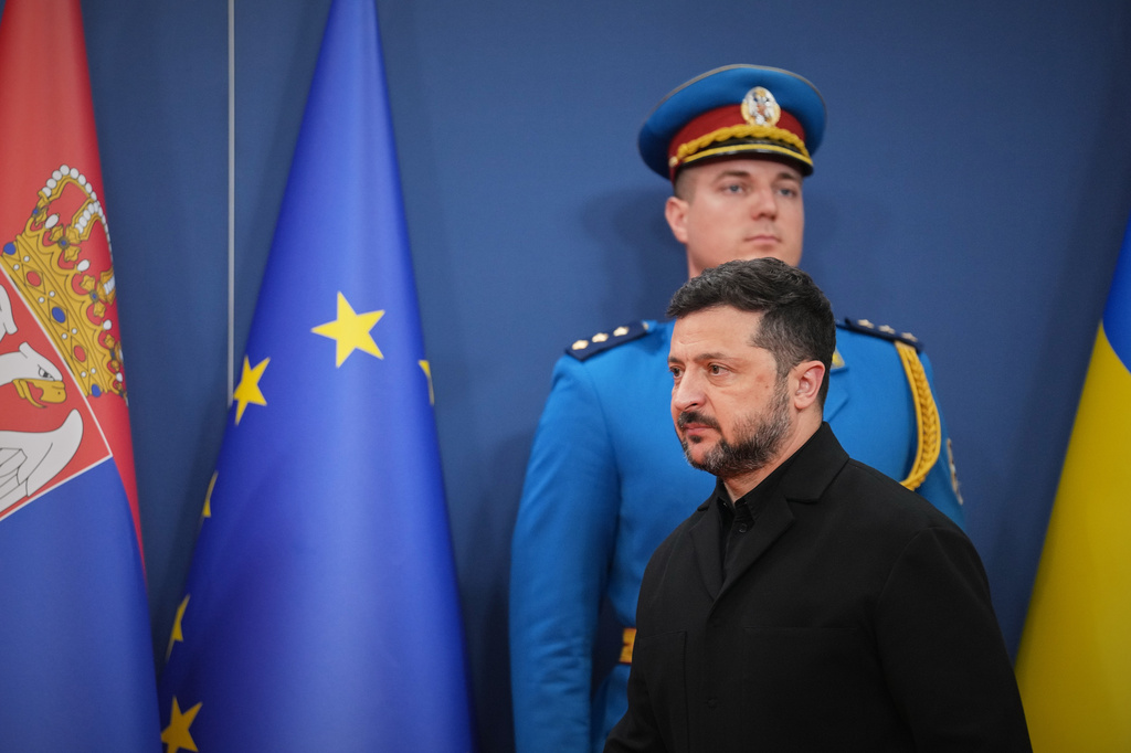Ukraine's President Volodymyr Zelenskyy arrives for joint press statements with his Serbian counterpart Aleksandar Vucic at the Serbia Palace, in Belgrade, Serbia, Saturday, Aug. 8, 2026. (AP Photo/Darko Vojinovic)