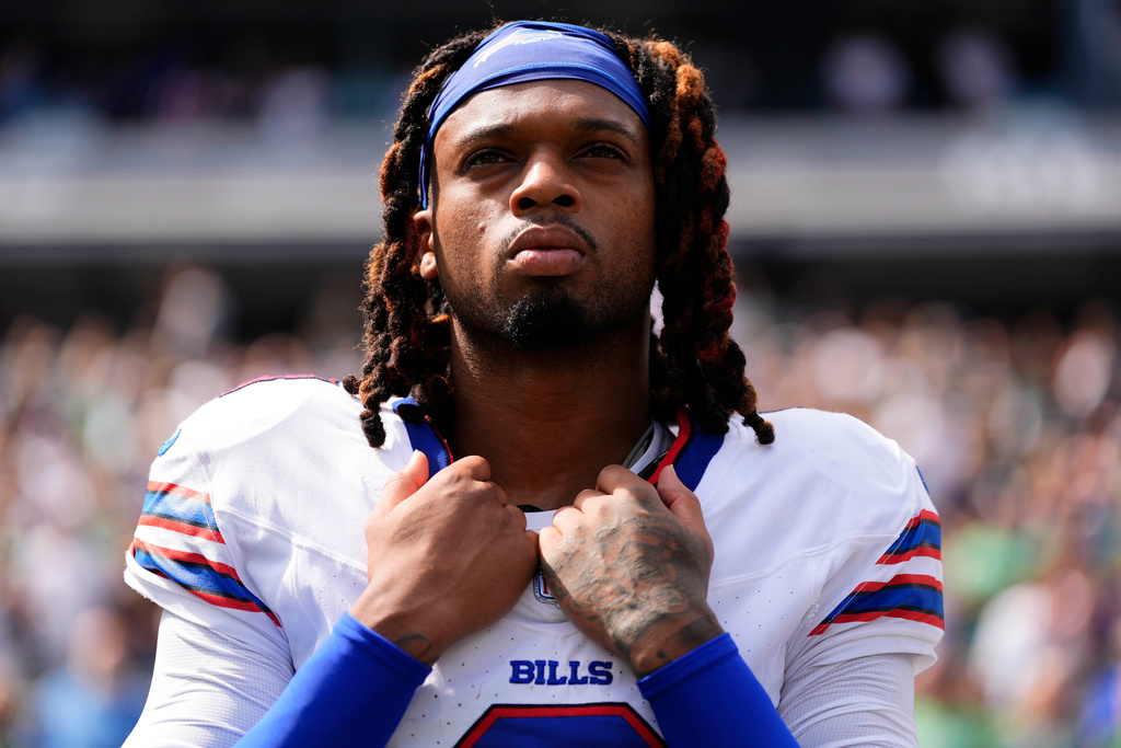 FILE - Buffalo Bills safety Damar Hamlin (3) stands for the national anthem before playing against the New York Jets in an NFL football game Sept. 14, 2025, in East Rutherford, N.J. (AP Photo/Yuki Iwamura, File)