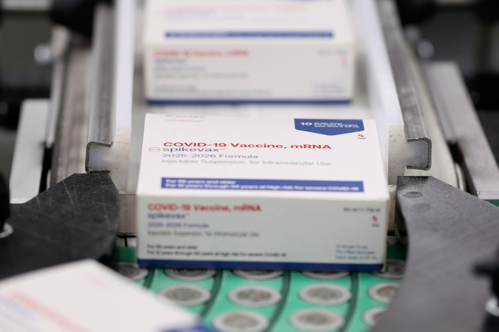 This photo provided by Moderna in August 2025 shows fill and finish production of the updated mNEXSPIKE COVID-19 vaccine, in Madrid. (Moderna via AP)