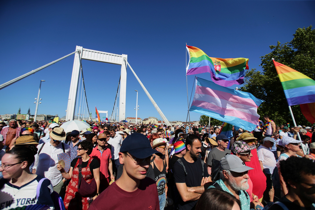 FILE - Participants in the Pride march cross the Elisabeth Bridge in Budapest, Hungary, Saturday, June 28, 2025. (AP Photo/Rudolf Karancsi, File)