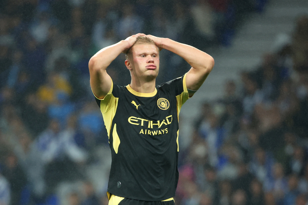 Manchester City's Erling Haaland reacts during a Champions League opening phase soccer match between FC Porto and Manchester City in Porto, Portugal, Tuesday, Sept. 8, 2026. (AP Photo/Luis Vieira)