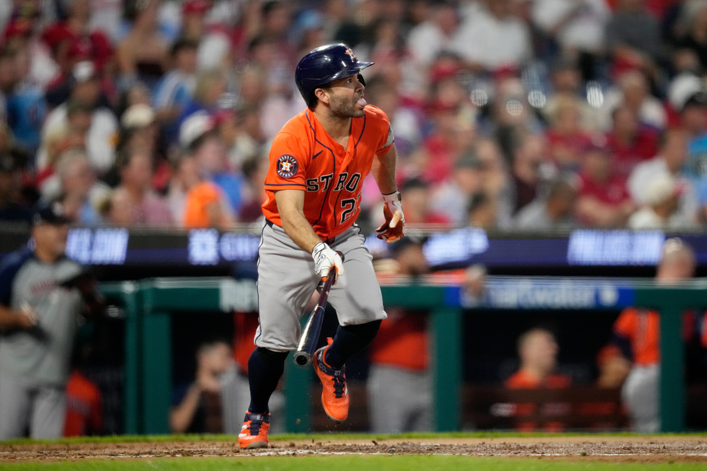 Houston Astros' Jose Altuve watches after hitting a double against Philadelphia Phillies pitcher Cristopher Sánchez for his 2,500th career hit during the third inning of a baseball game Wednesday, Sept. 9, 2026, in Philadelphia. (AP Photo/Matt Slocum)