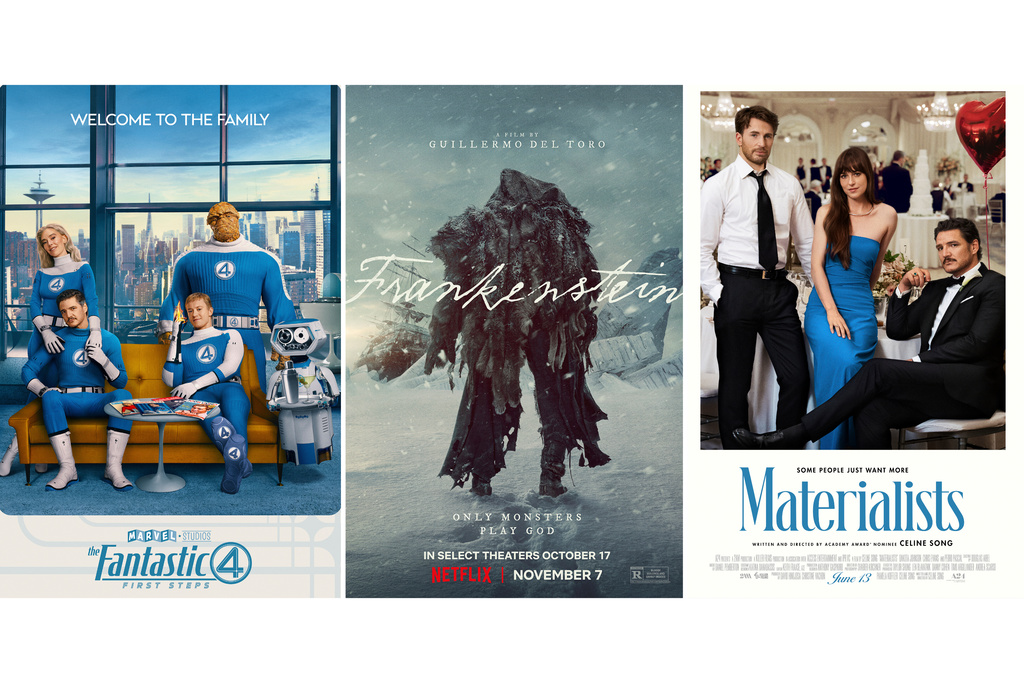 This combination of images shows promotional art for the films "The Fantastic Four: First Steps," from left, "Frankenstein," and "Materialists." (Marvel Studios/Netflix/A24 via AP)