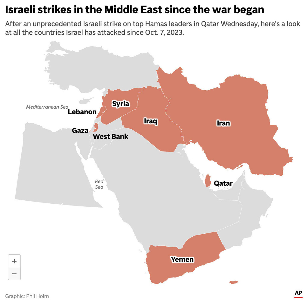 The map above highlights the countries in the Middle East that Israel has conducted strike against since the start of the war in Gaza. (AP Digital Embed)