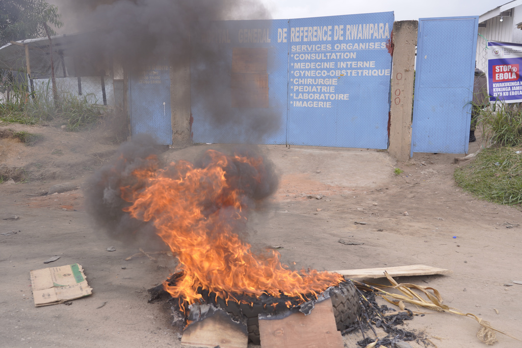 Workers at an Ebola treatment center go on strike over unpaid salaries and bonuses at Rwampara General Hospital, in Ituri, northeastern Congo, Monday, July 13, 2026, (AP Photo/Dirole Lotsima Dieudonne)