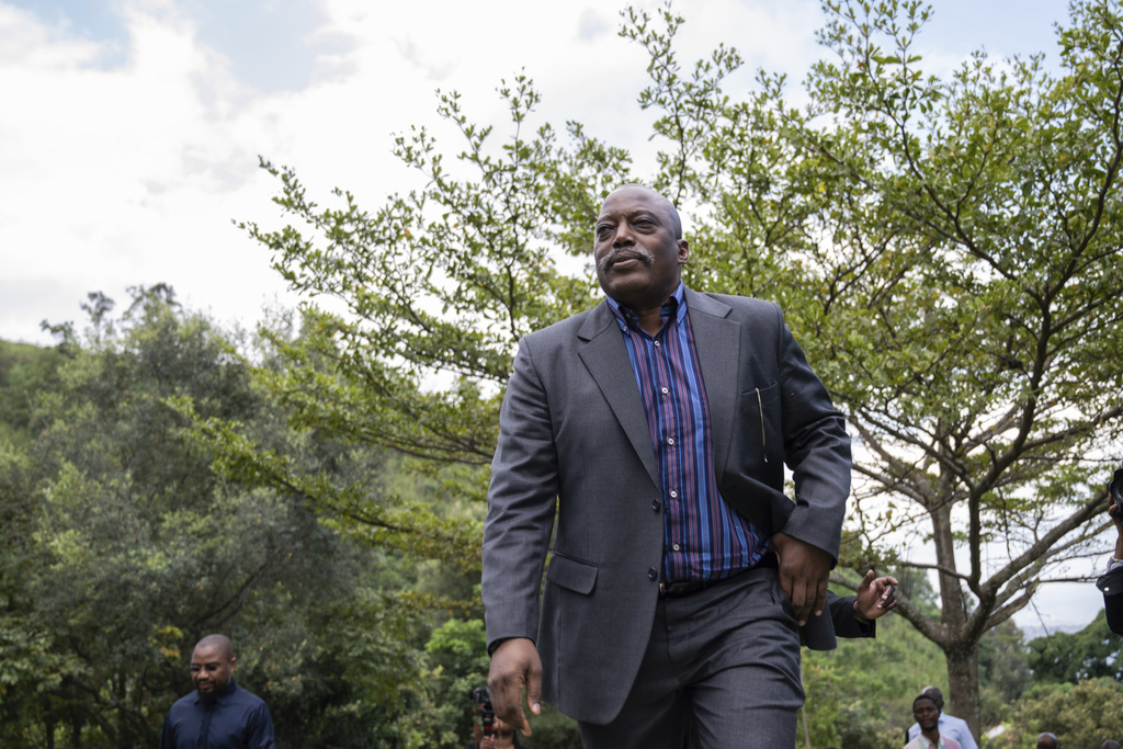 FILE - Former Democratic Republic of the Congo President Joseph Kabila arrives to meet with religious leaders at his Kinyogote residence in M23 controlled Goma, Eastern Congo, May 29, 2025. (AP Photo/Moses Sawasawa, File)