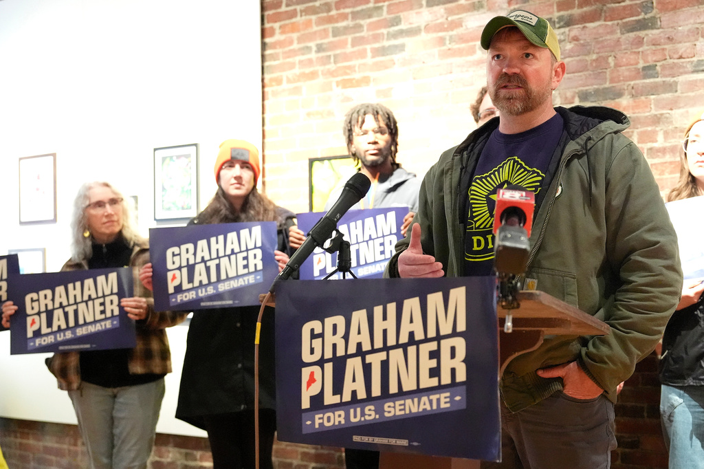 Graham Platner, Democratic candidate for U.S. Senate, speaks at a news conference Thursday, April 30, 2026, in Lewiston, Maine. (AP Photo/Robert F. Bukaty)