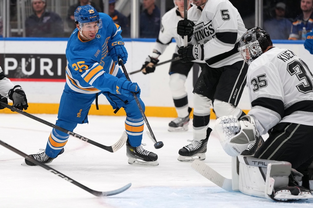 Los Angeles Kings goaltender Darcy Kuemper (35) blocks a shot from St. Louis Blues' Jordan Kyrou (25) during the second period of an NHL hockey game Tuesday, Oct. 21, 2025, in St. Louis. (AP Photo/Jeff Roberson)