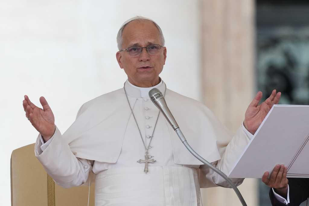 Pope Leo XIV holds his weekly general audience in St. Peter's Square at The Vatican, Wednesday, Sept.9, 2026. (AP Photo/Andrew Medichini)