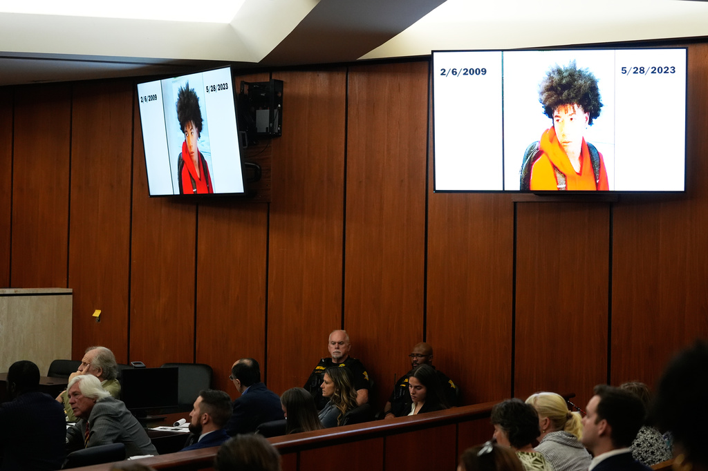 An image of Cyrus Carmack-Belton is displayed in court during closing arguments in the murder trial against his shooter, Chikei Rick Chow, a convenience store owner accused in the 2023 fatal shooting of the 14-year-old, Monday, June 1, 2026, in Columbia, S.C. (AP Photo/Erik Verduzco)