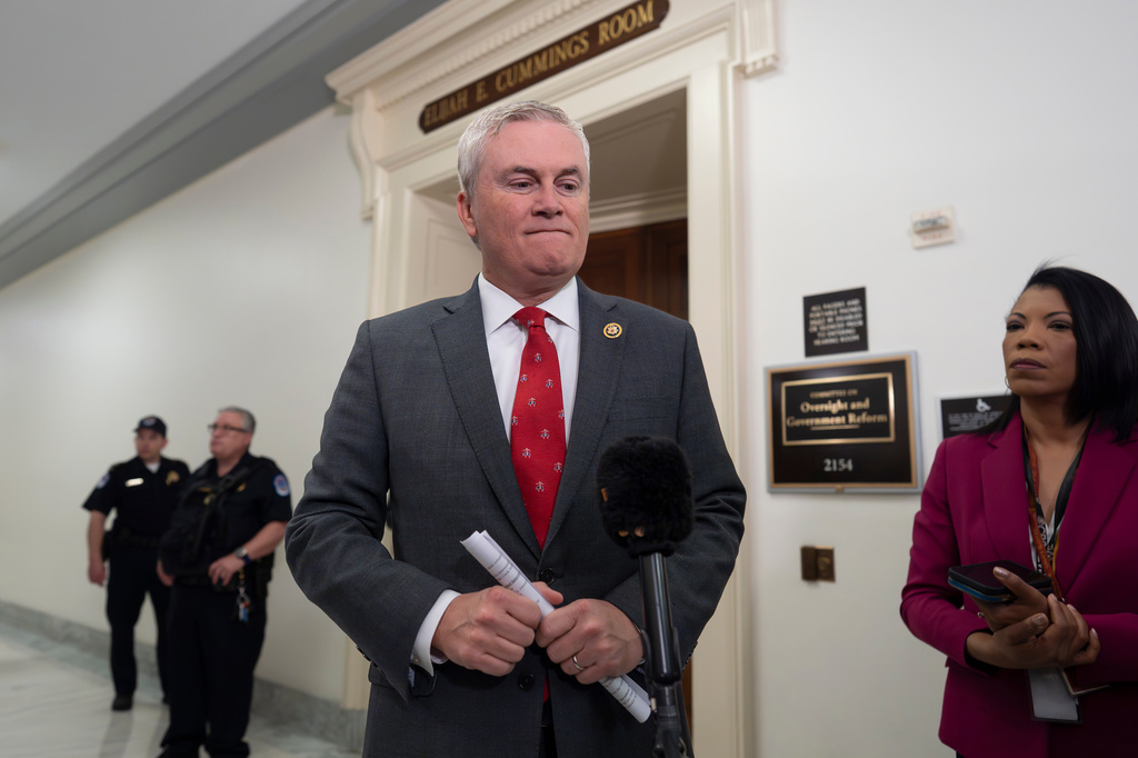 House Oversight Committee Chairman James Comer, R-Ky., speaks to reporters before questioning Commerce Secretary Howard Lutnick as part of the panel's investigation of convicted sex offender Jeffrey Epstein, at the Capitol in Washington, Wednesday, May 6, 2026. (AP Photo/J. Scott Applewhite)