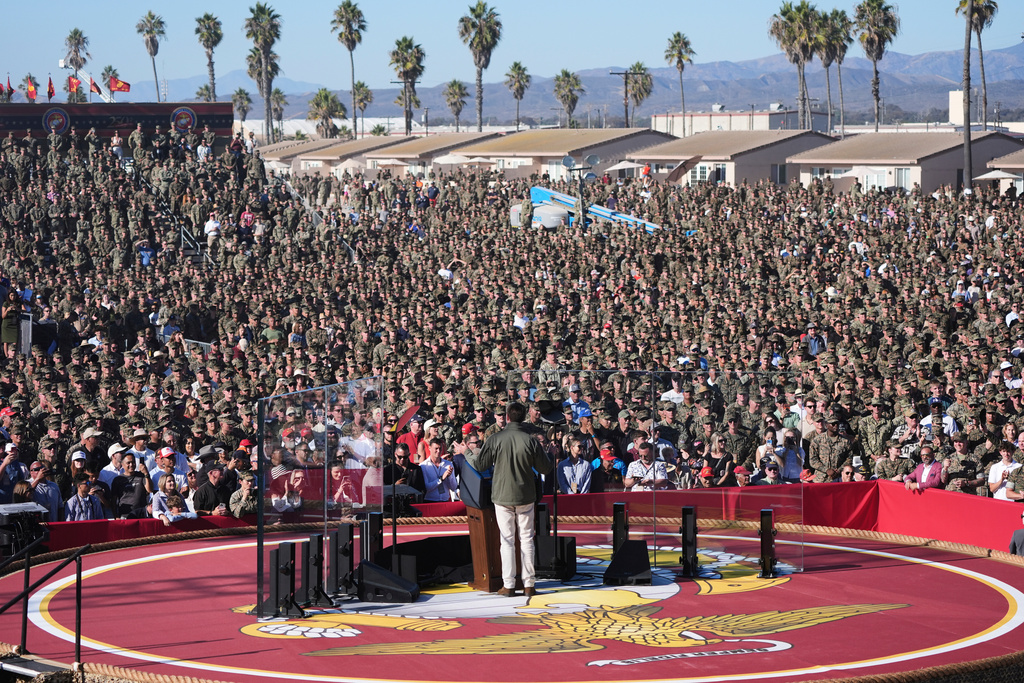 FILE - Vice President JD Vance speaks during an event to mark the upcoming Marine Corps' 250th anniversary, Oct. 18, 2025, on Marine Corps Base Camp Pendleton in Camp Pendleton, Calif. (AP Photo/Gregory Bull, File)