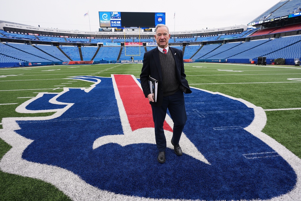 Chris Clark, Buffalo Bills Vice President of Security walks on the field at Highmark Stadium before an NFL football game between the Philadelphia Eagles and Buffalo Bills, Sunday, Dec. 28, 2025. (AP Photo/Gene J. Puskar)