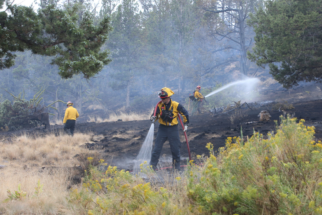 Western Lane and Eugene Springfield Fire Department crews work together on a mop up operation near structures on Geneva Way, during the Flat Fire, near Sisters, in Deschutes County, Ore., Monday Aug. 25, 2025. (Andy Tullis/The Bulletin via AP)