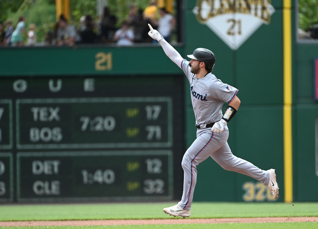 Miami Marlins catcher Joe Mack rounds the bases after hitting a solo homerun off Pittsburgh Pirates starting pitcher Paul Skenes during the second inning of a baseball game, Sunday, June 14, 2026, in Pittsburgh. (AP Photo/Philip G. Pavely)
