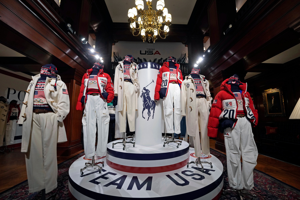 Ralph Lauren's Team USA opening and closing ceremony uniforms for the 2026 Milan Cortina Winter Olympics are displayed at Ralph Lauren headquarters, Wednesday, Dec. 3, 2025, in New York. (Photo by Charles Sykes/Invision/AP)