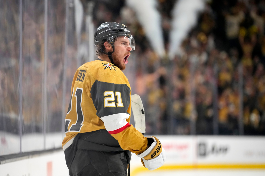 Vegas Golden Knights center Brett Howden celebrates his goal during the second period in Game 4 of the NHL hockey Stanley Cup Final series against the Carolina Hurricanes, Tuesday, June 9, 2026, in Las Vegas. (AP Photo/John Locher)