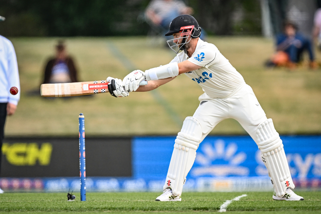 New Zealand's Kane Williamson bats against the West Indies on day 3 during their cricket test match in Christchurch, New Zealand, Thursday, Dec. 4, 2025. (Andrew Cornaga/Photosport via AP)