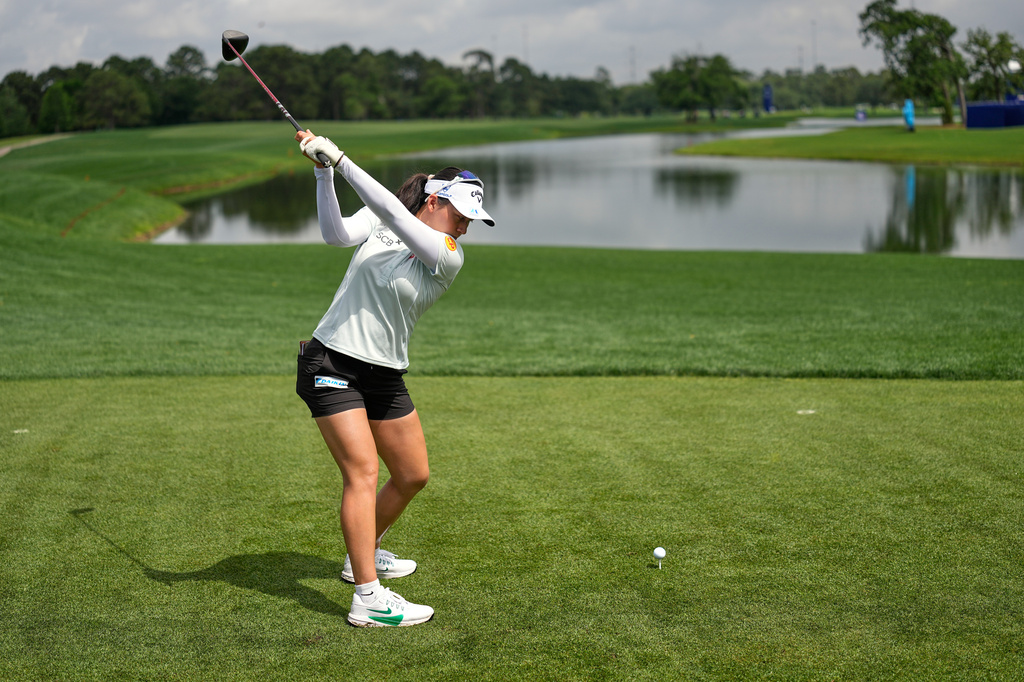 Jeeno Thitikul, of Thailand, hits her tee shot on the 16th hole during a practice round for the Chevron Championship LPGA golf tournament Wednesday, April 22, 2026, in Houston. (AP Photo/David J. Phillip)