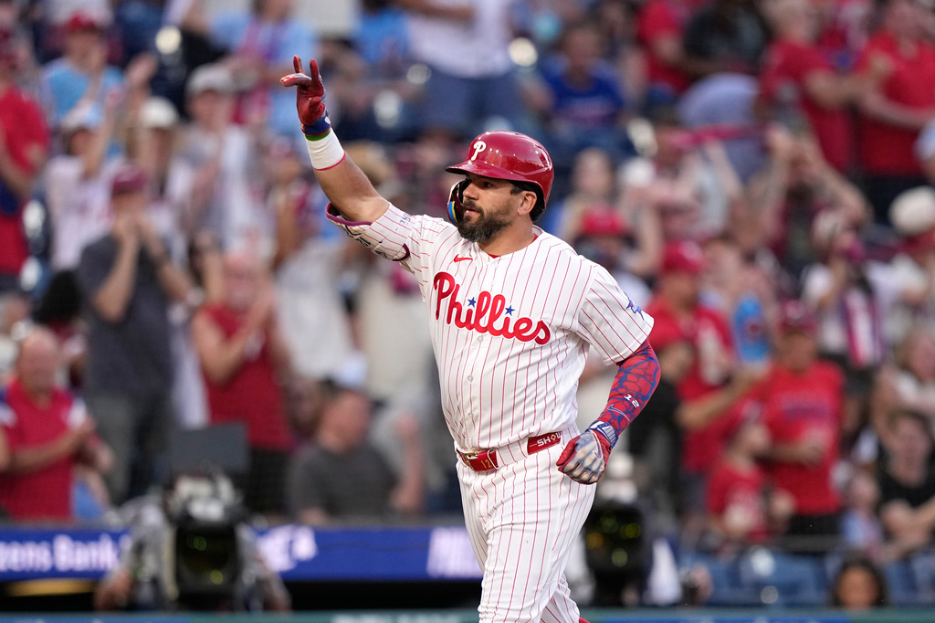 Philadelphia Phillies' Kyle Schwarber reacts after hitting a home run against Miami Marlins pitcher Tyler Phillips during the fourth inning of a baseball game Tuesday, June 16, 2026, in Philadelphia. (AP Photo/Matt Slocum)
