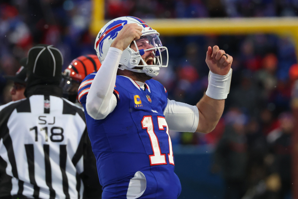 Buffalo Bills quarterback Josh Allen reacts during the second half of an NFL football game against the Cincinnati Bengals, Sunday, Dec. 7, 2025, in Orchard Park, N.Y. (AP Photo/Jeffrey T. Barnes)