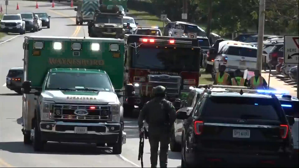 In this image from video provided by WHSV-TV, police respond to an emergency at an elementary school in Waynesboro, Va., on Wednesday, Sept. 2, 2026. (WHSV-TV via AP)