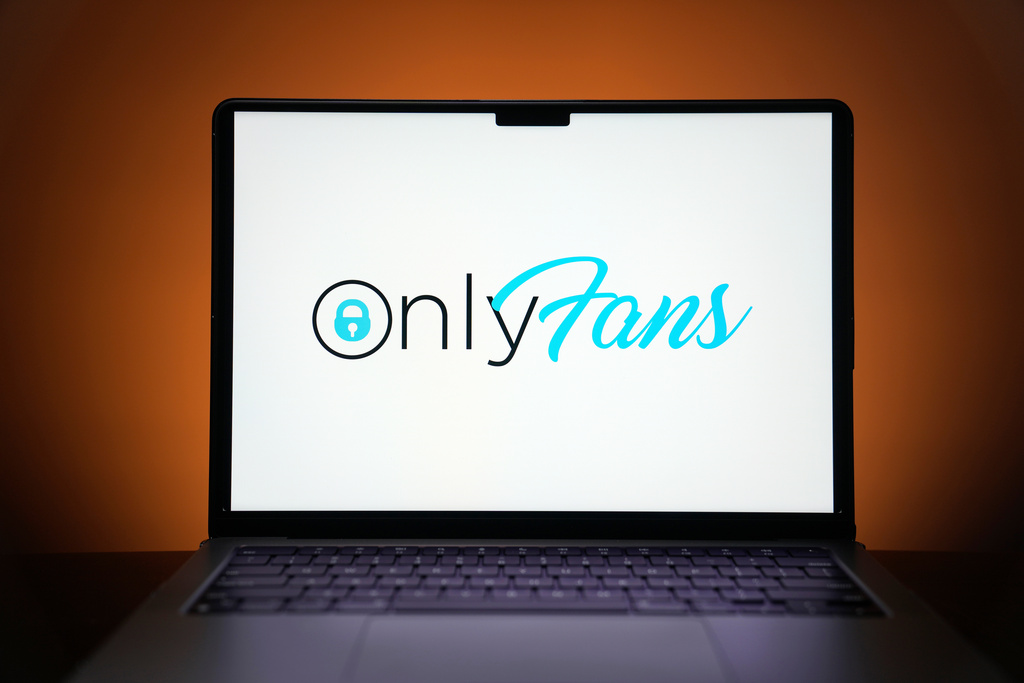 FILE - The OnlyFans logo is seen on a computer monitor in this posed photo, Dec. 7, 2023, in St. Louis. (AP Photo/Jeff Roberson, File)