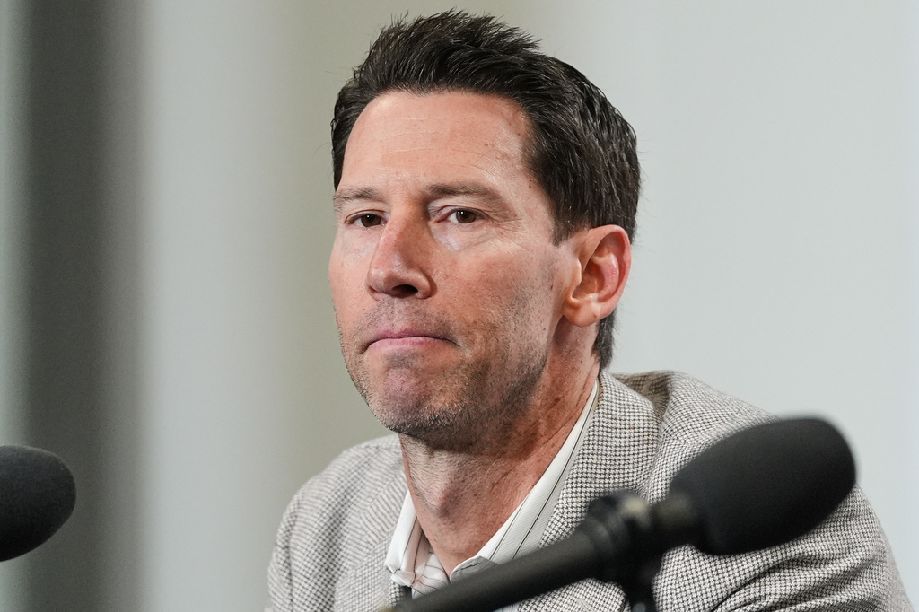 Boston Red Sox Chief Baseball Officer Craig Breslow speaks during a press conference with President & CEO Sam Kennedy, Sunday, April 26, 2026, in Baltimore. (AP Photo/Stephanie Scarbrough)