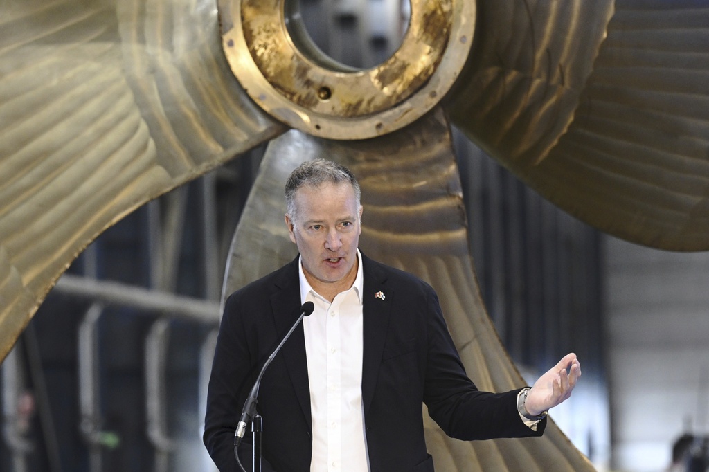 Stephen Fuhr, Canada's Secretary of State (Defence Procurement), speaks during a steel cutting ceremony for the beginning of construction of the Polar Max Icebreaker in Helsinki Shipyard in Helsinki, Finland, Wednesday, Aug. 20, 2025. (Markku Ulander/Lehtikuva via AP)