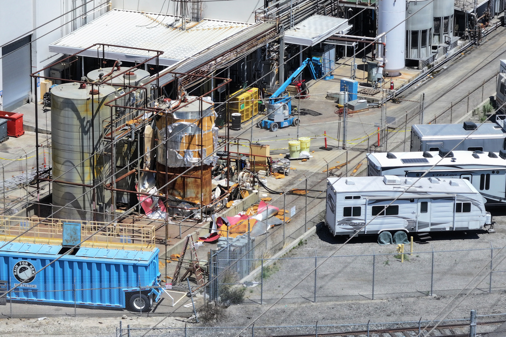 Ariel view of the chemical tank at GKN Aerospace in Garden Grove, Calif. on Wednesday, June 10, 2026. (AP Photo/William Liang)