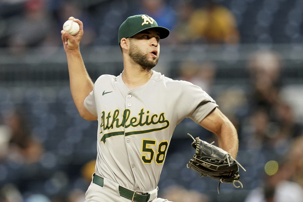 Athletics pitcher Luis Morales delivers during the first inning of a baseball game against the Pittsburgh Pirates, Saturday, Sept. 20, 2025, in Pittsburgh. (AP Photo/Matt Freed)