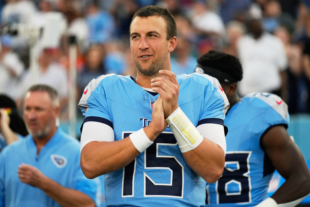 FILE - Tennessee Titans quarterback Trevor Siemian (15) before a preseason NFL football game, Aug. 22, 2025, in Nashville, Tenn. (AP Photo/George Walker IV, File)