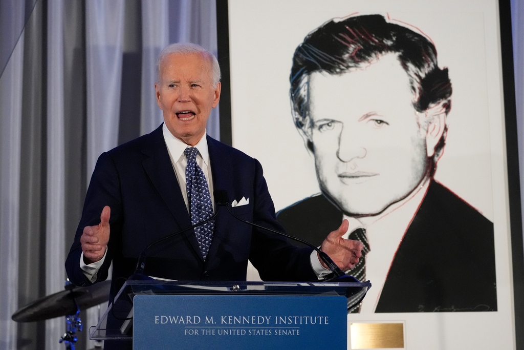 Former President Joe Biden speaks after receiving the Lifetime Achievement Award at the Edward M. Kennedy Institute's 10th Anniversary Celebration, Sunday, Oct. 26, 2025, in Boston. (AP Photo/Robert F. Bukaty)