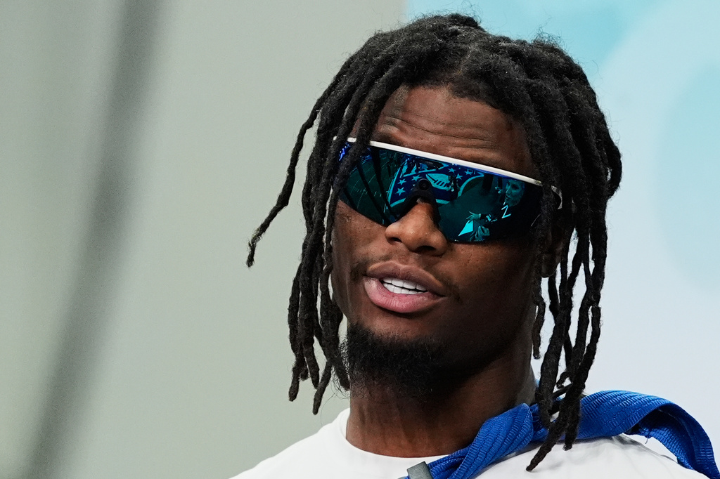NFC wide receiver George Pickens (3), of the Dallas Cowboys, speaks after being named offensive MVP of the NFL Pro Bowl football game against the AFC, Tuesday, Feb. 3, 2026, in San Francisco. (AP Photo/Godofredo A. Vásquez)