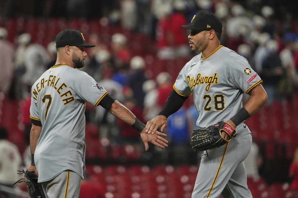 Pittsburgh Pirates' Tommy Pham (28) and Isiah Kiner-Falefa celebrate a victory over the St. Louis Cardinals following a baseball game Wednesday, Aug. 27, 2025, in St. Louis. (AP Photo/Jeff Roberson)