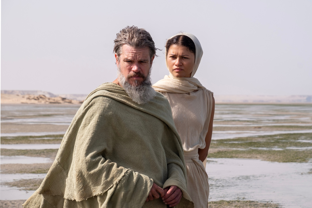 This image released by Universal Pictures shows Matt Damon as Odysseus, left, and Zendaya as Athen, in a scene from "The Odyssey." (Melinda Sue Gordon/Universal Pictures via AP)