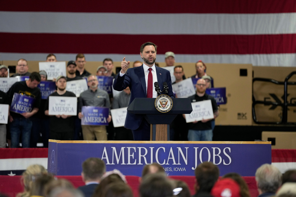 Vice President JD Vance speaks during a visit to Ex-Guard Industries, Tuesday, May 5, 2026, in Des Moines, Iowa. (AP Photo/Charlie Neibergall)