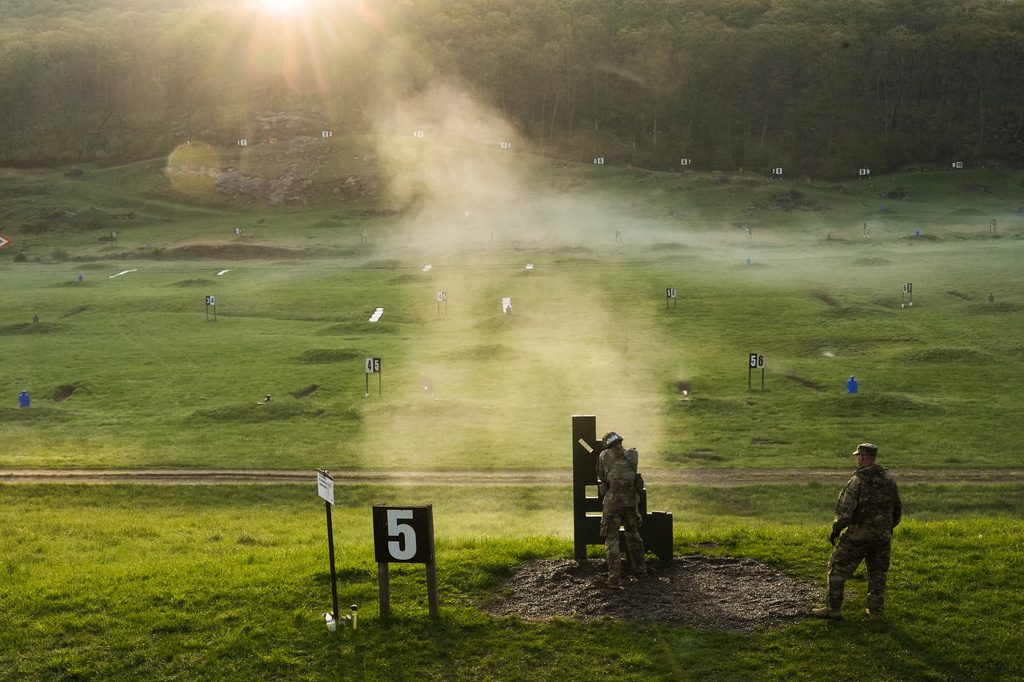 A cadet shoots an M4 service rifle during the Sandhurst Military Skills Competition at the United States Military Academy in West Point, N.Y., Saturday, May 2, 2026. (AP Photo/Julia Demaree Nikhinson)