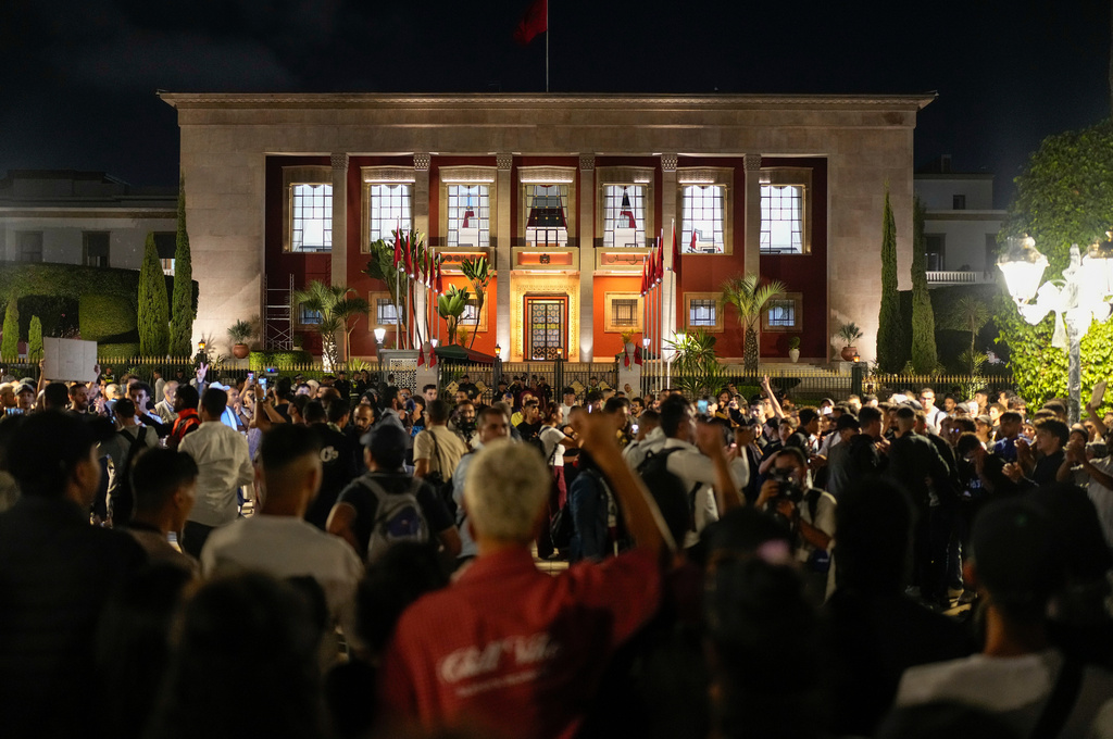 People take part in a youth-led protest against corruption and calling for healthcare and education reform in Rabat, Morocco, Friday, Oct. 3, 2025. (AP Photo/Mosa'ab Elshamy)